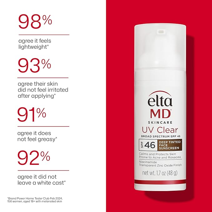 EltaMD UV Clear Deep Tinted Face Sunscreen, Oil-Free Face Moisturizer with SPF 46, Dermatology Tinted Moisturizer, Facial Travel Size Sunscreen with Zinc Oxide, 1.7 oz Pump