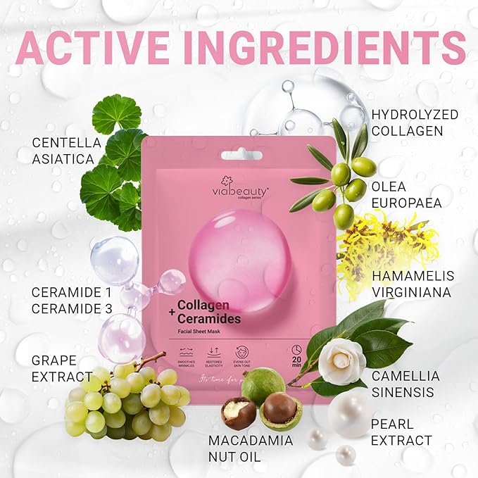 VIABEAUTY 12 Pack of Collagen Face Mask with Ceramides - Rejuvenating Facial Sheet Mask, Reduce Wrinkles & Fine Lines - Face Masks Skincare Moisturizing Collagen Mask for All Skin Types