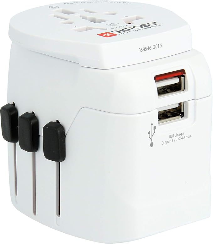 SKROSS Pro Light World Travel Adapter with USB | 3-Pole Travel Adaptor with Slide System | Designed for 200+ Countries | Compact and Reliable | White