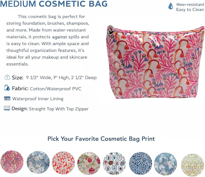 Jacaranda Living Medium Makeup Bag for Women – Water-Resistant Cosmetic & Toiletry Organizer with PVC Lining, Colorful Travel Pouch, Printed Zipper Cosmetic Case, Strawberry Vine