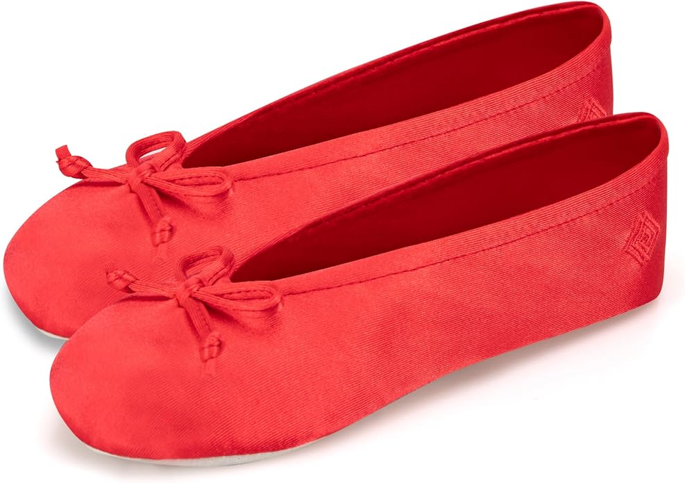Isotoner Women's Satin Ballerina Slippers with Classic Ribbon Bow and Suede Sole