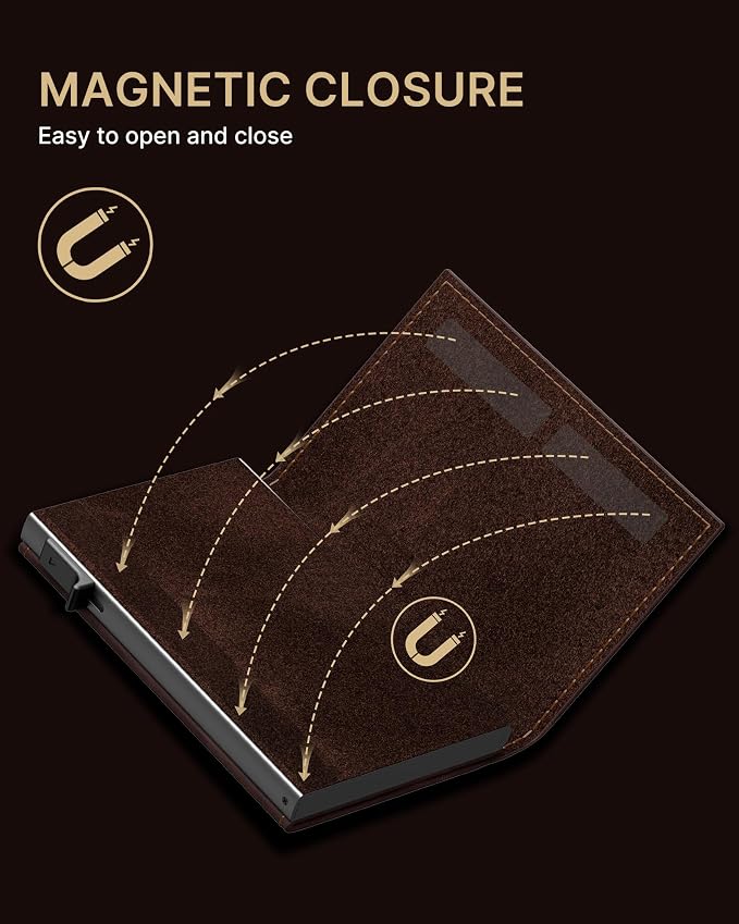 typecase Mens Wallet Card Holder: Pop Up Aluminum Case, Genuine Leather, Smart, RFID Blocking, Slim, Minimalist, Front Pocket - 9-14 Card Capacity | ID Window | Cash Slot (Oil Wax Brown)