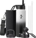 Coolflask Water Bottle 24 oz Insulated with Straw, Stainless Steel Metal 3 Lids Water Flask Wide Mouth for Sports or Office, Non-BPA Keep Cold Up to 48 Hrs or Hot Up to 24 Hrs, White & Black