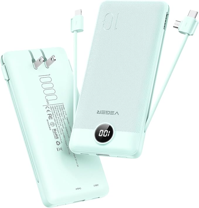 VEGER Portable Charger with Built-in AC Plug and Cables, All in One 10000mAh Ultra Slim Power Bank Emergency Fast Charging for Travel Battery Pack Compatible with iPhone, Samsung, Android, Green