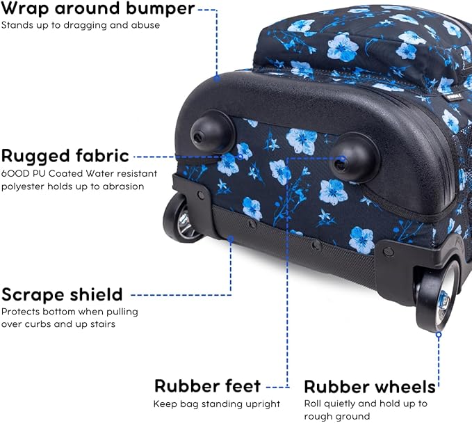 J World Sunrise Kids Rolling Backpack for Girls Boys. Roller Bookbag With Wheels For School, Night Bloom