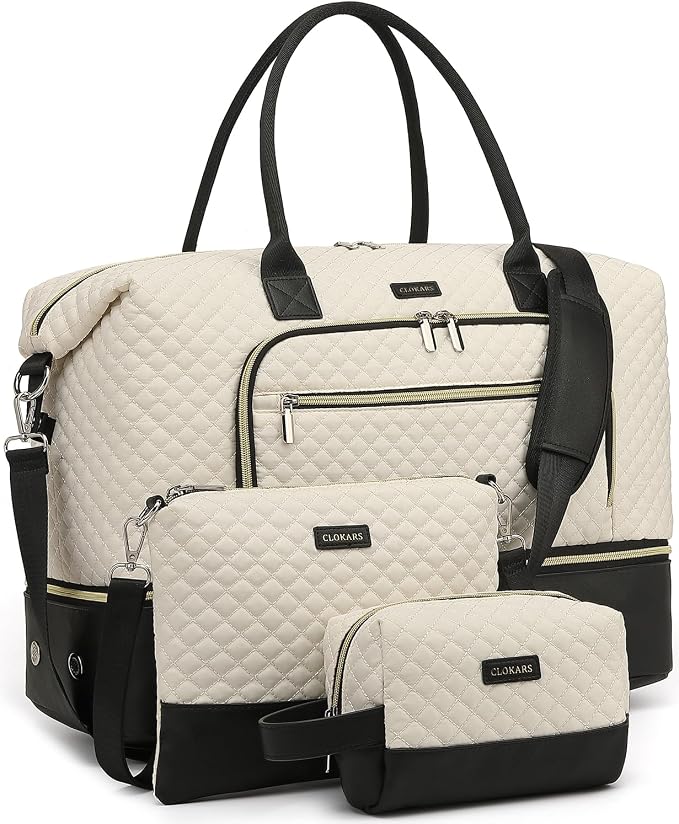 Weekender Bags for Women Travel, Under Seat Carry On Bags for Airplanes Overnight Bag with Shoe Compartment Luggage Sleeve, Foldie Travel Tote Bag Hospital Bag, Travel Gifts, White Black