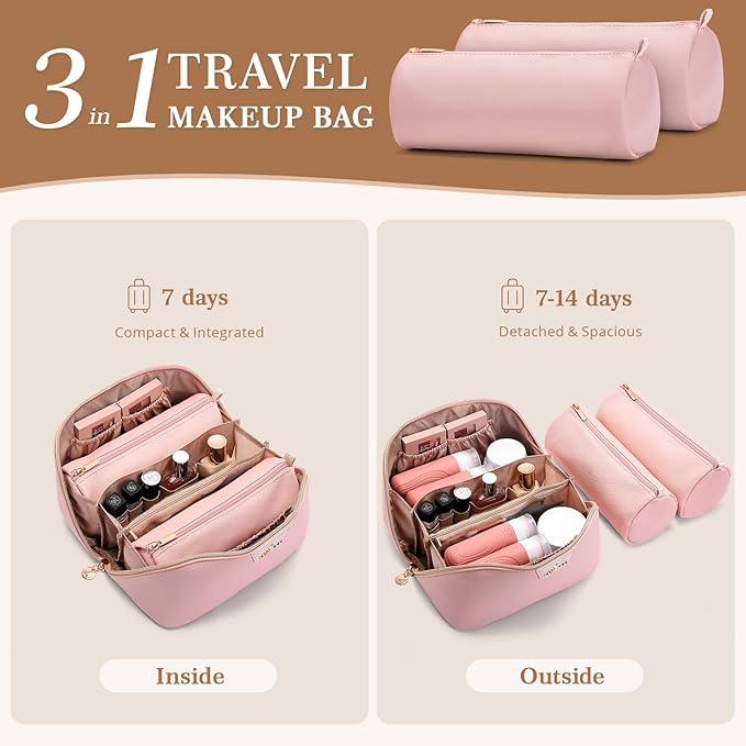 Travel Makeup Bag for Women: 3-in-1 Large Capacity Cosmetics Organizer with 2 Detachable Pouch - Vegan Leather Flat Open Toiletry Bag - Portable Travel Essentials for Full-Sized Bottles(Pink)