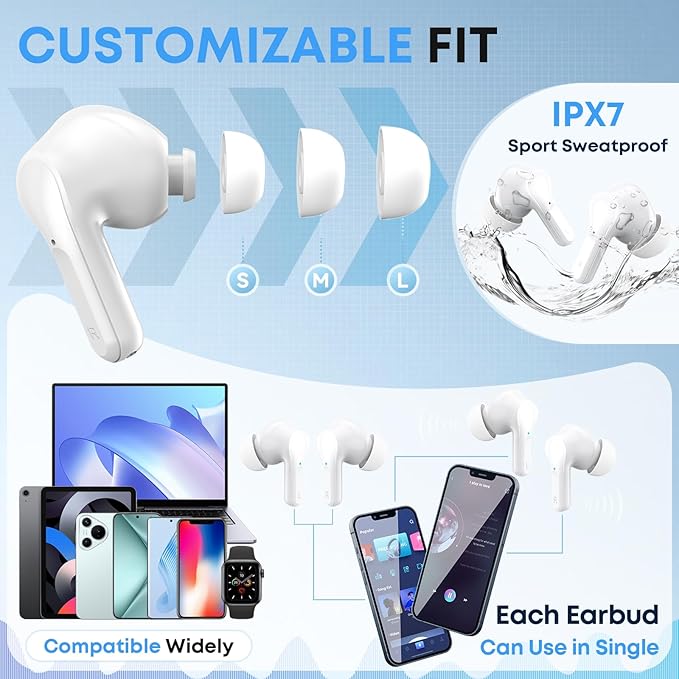 Wireless Earbuds Bluetooth 5.4 HiFi Stereo Headphones with Noise Cancelling Mic, 50H Playback in Ear Buds with LED Digital Display, IPX7 Waterproof Earphones for Office/Running/Workout (White)