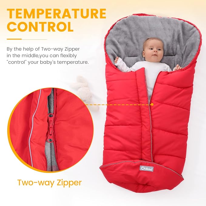 Orzbow Stroller Footmuff Universal - Weather-Proof Bunting Bag for Toddler, Warm Fleece Sleeping Bag for Cold Weather, Easily Attaches to Most Strollers, Baby Boys Girls Winter Essentials, Red