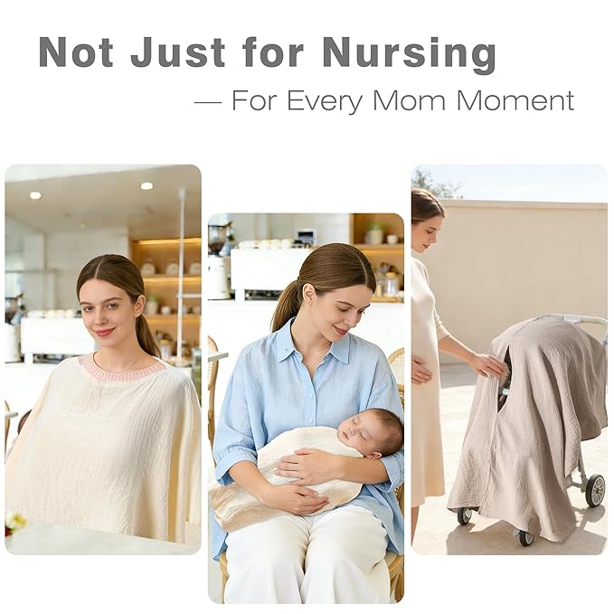 Muslin Nursing Cover for Breastfeeding – 360° Full Privacy & Comfort, Soft Breathable Cotton, Multi-Use Cover for Baby Car Seat & Stroller, Gift Box Included (Warm Oat & Khaki)