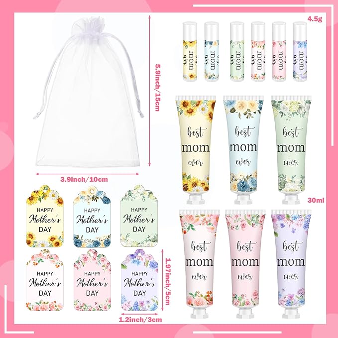 ElaraBerry 24 Sets Best Mom Ever Church Gifts Bulk for Women Birthday Gifts for Mom Hand Cream and Lip Balm Set with Organza Bag Thank You Card Mother Gift Bag Stuffers