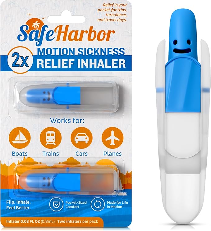 SafeHarbor Motion Sickness Relief Inhaler, 2-Pack | Natural, Non-Drowsy Nausea Stick for Travel (Car, Plane, Boat, Cruise) | Peppermint Essential Oil Nasal Aromatherapy Inhaler
