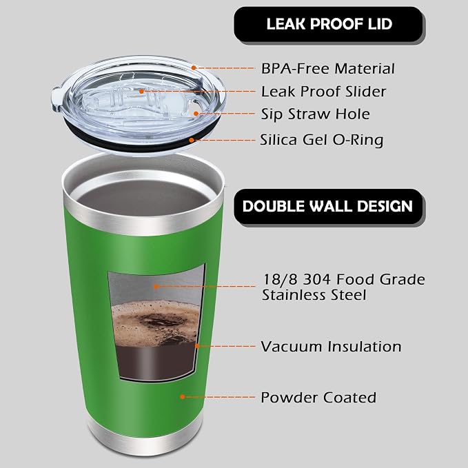 AIANJI 20oz Tumbler Bulk Stainless Steel Tumblers with Lid Vacuum Insulated Double Wall Travel Coffee Mug Powder Coated Tumbler Cup for Hot and Cold Drinks(Green, 1 pack)