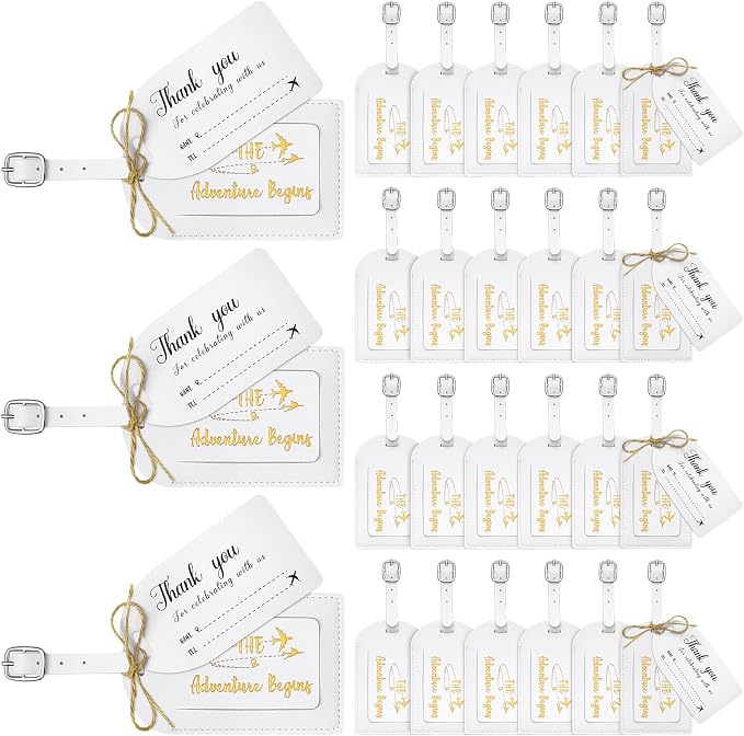 Sweetude 48 Sets Bulk Luggage Tags Wedding Favors and So The Adventure Begins Leather Luggage Tags for Suitcases with Name Card for Travel Themed Bridal Shower Graduation Party Favor(White)