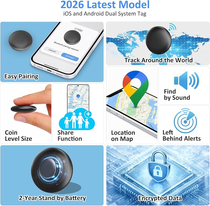 Tracker Tags for Android and iOS – Bluetooth Item Finder, Works with Apple Find My & Android Find My Device, Luggage Tracker for Keys, Wallet, Backpack & Suitcase, Anti-Lost Tag, Black