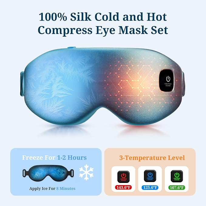100% Silk Wireless Heated Eye Mask with Cooling, Relieves Dry Eye Syndrome and Puffy, Reduces Dark Circles, Adjustable Velcro Design and Washable Cover, Suitable for Travel & Gifts-Blue