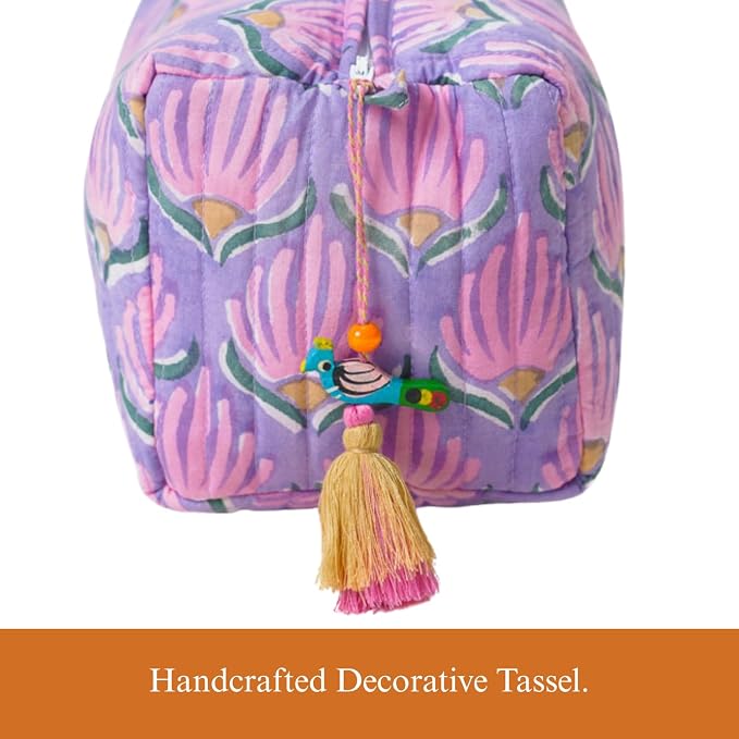 Saffron Marigold Quilted Makeup Bag Set of 3, Hand Block Printed Cotton Cosmetic Bags for Women, Waterproof Lined Travel Toiletry Bag, Coquette Floral Aesthetic, Handmade Gift, Lilac Flame