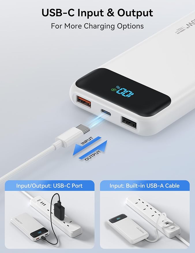 Nusyddy Portable Charger 10000mAh PD20W w/4 Built-in Cables/6 Outputs White | PD20W Fast Charging, LED Display, Pass Through Charging, Charge 6 Devices at once, TSA Approved, Fits iPhone, iPad, Samsung