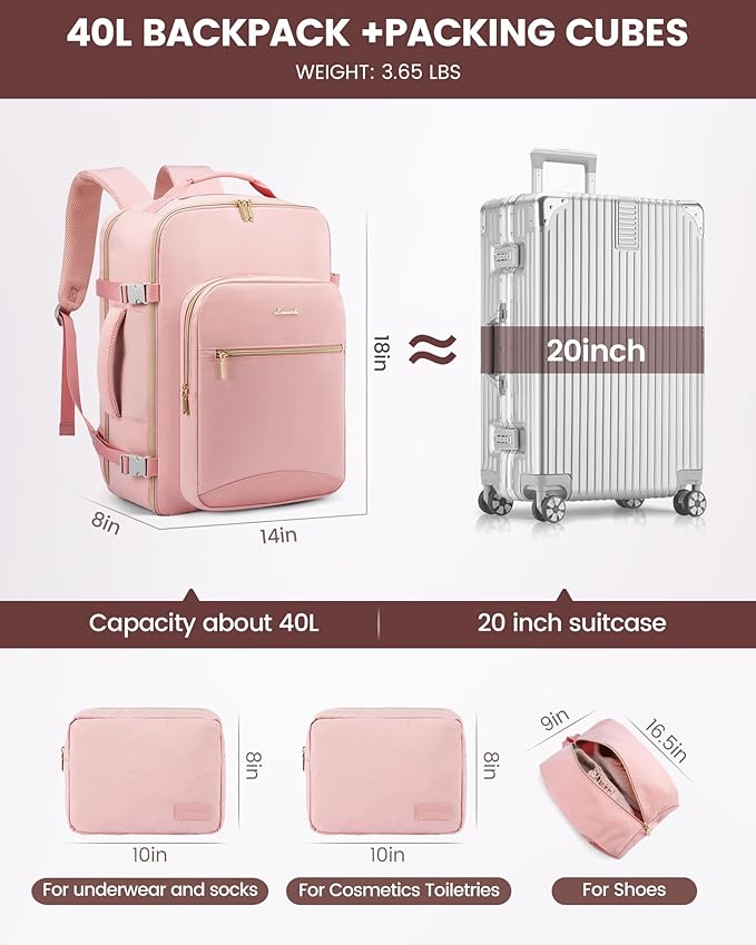 LOVEVOOK 40L Travel Backpack Flight Approved Carry on Backpack,3 Packing Cubes,Waterproof Personal Item Travel Bag,TSA Carry on Luggage Suitcase Travel Essentials,Gifts for Women & Men,fits 17" Laptop