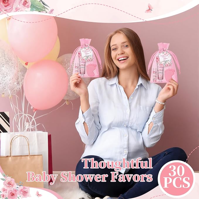 Loopeer 30 Set/150 Pcs Pink Flowers Baby Shower Favors for Guests Gifts Hand Cream Lip Balm Soap Party Favors Travel Size with Bags, Thanks You Card for Games Prizes Souvenirs