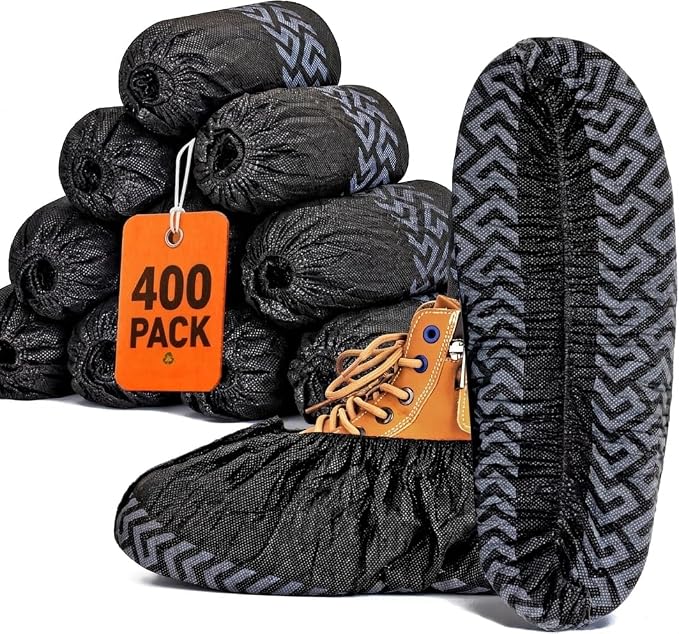 XL Disposable Shoe Covers Non Slip, 400 Pack Black Durable Non-Woven Booties for Shoes Covers, Breathable & Stretchable Boot Covers Fit Up to Men’s Size 13, Indoor Floor & Carpet Protection
