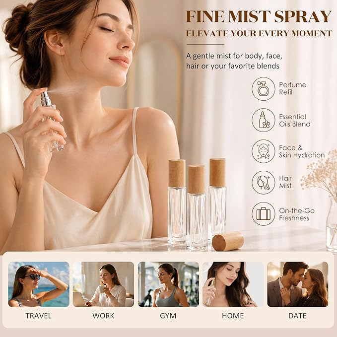 Roshtia 30 Pcs 0.33 oz/ 10 ml Beech Wood Color Glass Spray Bottle Refillable Perfume Atomizer Clear Decorative Empty Bottles with Fine Mist Sprayer Pump for Face Body Travel