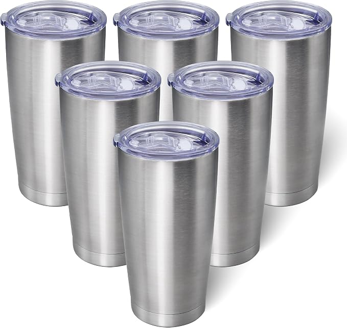 AIANJI 20oz Tumbler Bulk Stainless Steel Tumblers with Lid Vacuum Insulated Double Wall Travel Coffee Mug Powder Coated Tumbler Cup for Hot and Cold Drinks(Stainless Steel, 6 pack)
