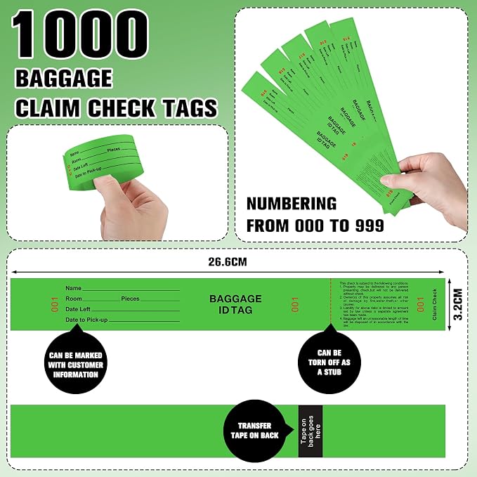 Feifeiya 1000 Hotel Luggage ID Tags with Transfer Tape on Back Paper Baggage Claim Check Tags Numbering from 000 to 999 Baggage Identification for Hotel Suitcase Motel Bag(Green)
