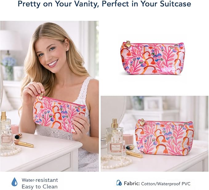 Jacaranda Living Extra Small Cosmetic Bag – Splash-Proof Travel Makeup Pouch with PVC Lining, Compact Bridal & Bridesmaid Toiletry Bag, Easy-Clean Cosmetic Case – Strawberry Vine