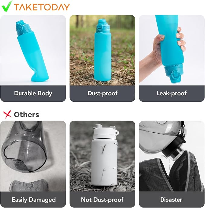 TakeToday Collapsible Water Bottles 32oz Blue and 20oz Desert Sand, Foldable Travel Water Bottle with Strap, BPA Free, Silicone Water Bottle Leakproof for Hiking, International Travel, Outdoors