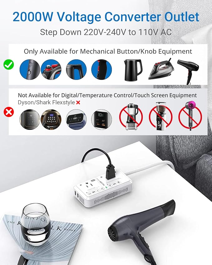Universal Travel Adapter 220V to 110V Voltage Converter US to Europe 2000W Travel Voltage Converter with 2 USB Ports and EU/UK/AUS Plug Adapter for Hair Dryer/Curling Iron (White)