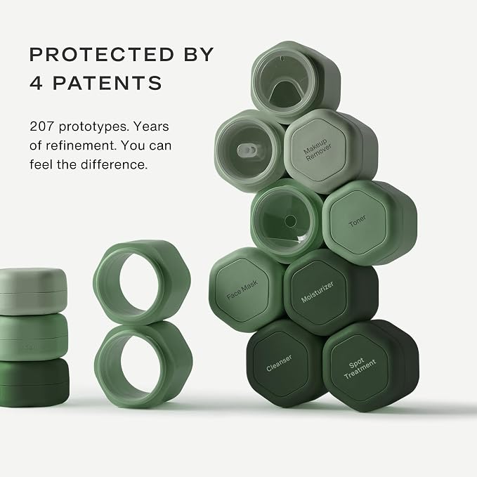 Cadence Travel Containers Haircare Capsule Set - Magnetic Containers with Lids,Carry On Travel Essentials For Women/Men - 3 Flex Mediums (1.32oz) - Shampoo, Conditioner & Comb Icon Labels - Evergreen