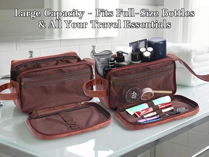 OXYEFEI Personalized Gifts for Men, Personalized Large Toiletry Bag for Men,Custom PU Leather Waterproof Mens Toiletry Travel with Initial Essential Dopp Kit Shaving Bag (L, Light Brown)