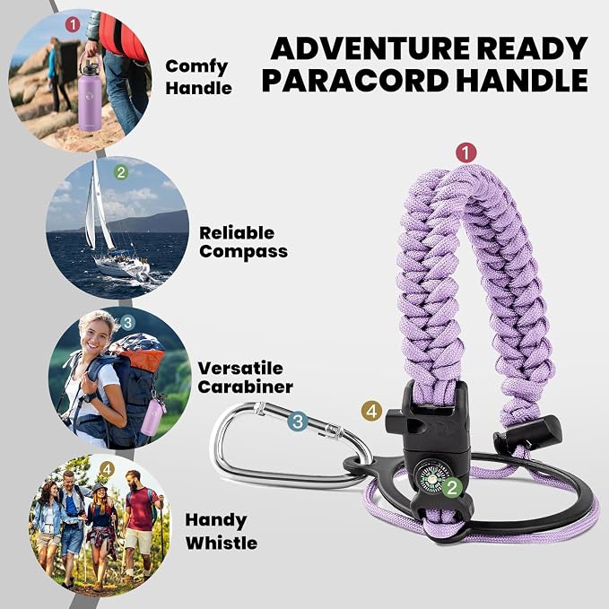 RAYMYLO Insulated Water Bottle 87 oz, Triple Wall Vacuum Stainless Steel (Cold for 48 Hrs), Leak Proof & Non-BPA, Modern Water Flask Jug with Paracord Handle & Straw Spout Lids, Light Purple