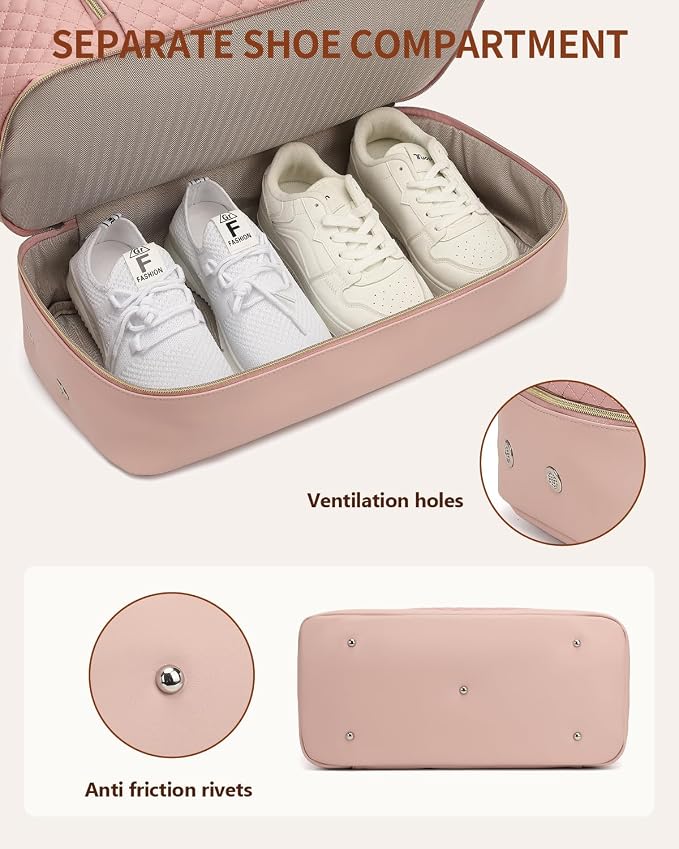 Weekender Bags for Women Travel, Under Seat Carry On Bags for Airplanes Overnight Bag with Shoe Compartment Luggage Sleeve, Foldie Travel Tote Bag Hospital Bag, Travel Gifts, Pink