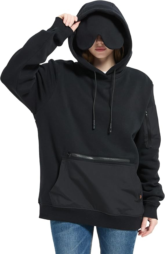 Travel Hoodie with Built-In Eye Mask for Airplane Travel Breathable Comfort Pullover Sweatshirt Multiple Pockets
