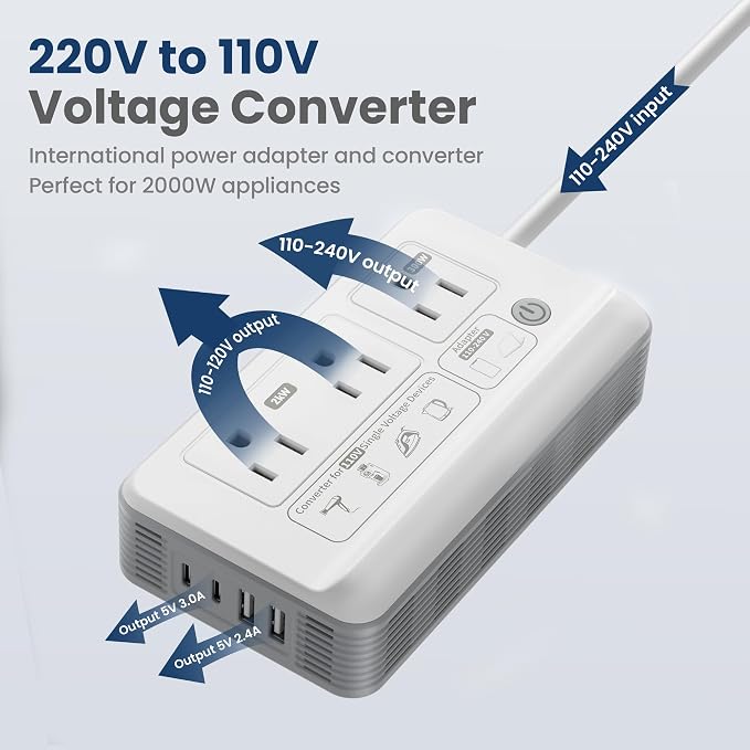 Mapambo 2000W Voltage Converter US to Europe, 7 in 1 Converter for European Travel, 220v to 110v Converter for International Travels (White)