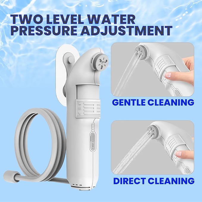2Clean Portable Bidet - Travel & Home Use High Pressure Sprayer, USB Rechargeable Hygiene Device for Toilets with 2.5L Container, Variable Intensity, Lightweight Design, Wall Bracket Included