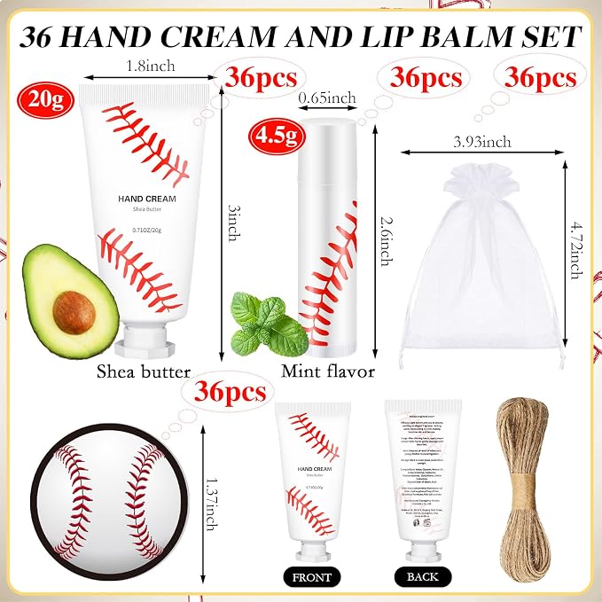 144 Pcs Lip Balm Hand Cream Set Party Favors, Include 36 Lip Balm 36 Moisturizing Hand Cream 36 Bags 36 Cards and Ropes for Accessories Gifts(Red and White,Baseball)