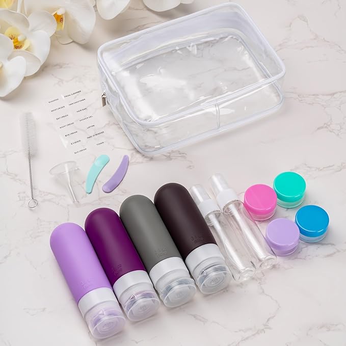 16pack Travel Bottles for Toiletries, TSA Approved LeakProof Squeezable Silicone Toiletry Containers for Shampoo, Conditioner, 3oz Portable Refillable Traveling Size Liquid Containers (16Pcs/Purple）