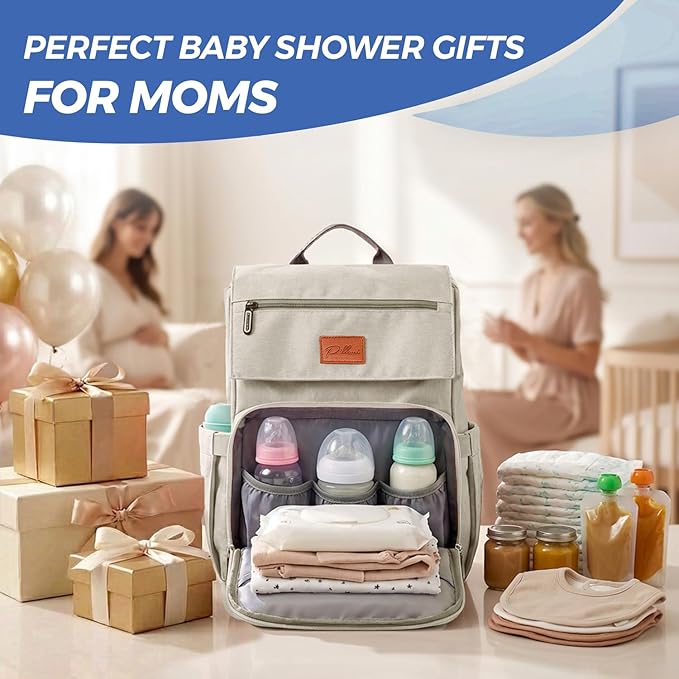 Baby Shower Gifts Diaper Bag Backpack, Baby Diaper Bag, Large Baby Bag for Boys & Girls, Waterproof, 16 Pockets, Insulated Bottle Holders, Durable,Travel-Friendly & Lightweight,Easy Organization,Beige