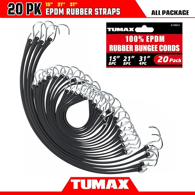20PCS Rubber Tarp Straps Assorted Sizes with 150% Max Stretch, 100% EPDM Bungee Cords with Hooks, Ideal for Securing Tarps, Cargo, Canvases, 15", 21", 31"