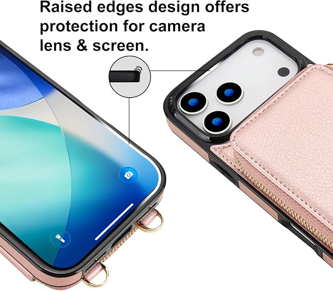 Bocasal for MagSafe Crossbody Wallet Case Compatible with iPhone 17 Pro Max, RFID Blocking Protective Purse Case with Card Slots Holder Kickstand Wrist Strap Lanyard Zipper 6.9 Inch 5G (Rose Gold)