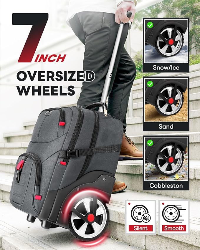MATEIN Rolling Laptop Bag with Larger Wheels, 17 Inch Spacious Roller Back Packs with Anti Theft Lock for Adults Men, Heavy Duty Rolling Large Carry On Luggage for Office Work Travel, Grey