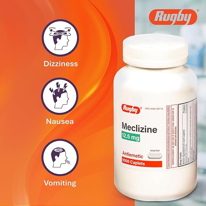Rugby Meclizine 12.5 mg Antiemetic Caplets for Symptoms Related to Motion Sickness– Travel and Cruise Essentials, 1000 Caplets
