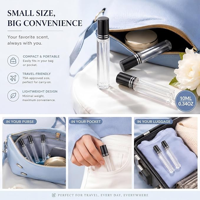 Domensi 40 Pcs 10/15/20/30 ml Perfume Travel Refillable Glass Bottles Spray Bottle Perfume Atomizer for Cologne Dispenser Leak-proof Fragrance Bottles Atomizer Pump Kit (10 ml,Black)