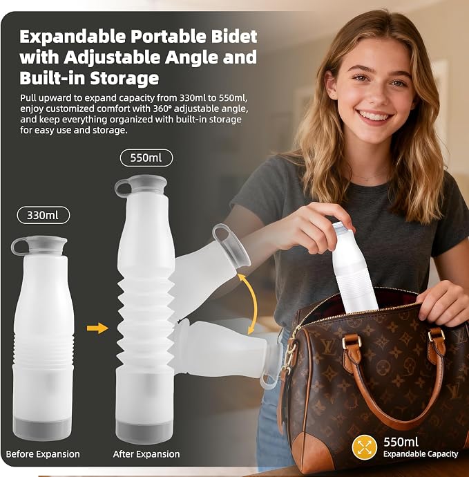Hibbent Portable Bidet for Travel, High Pressure Electric Handheld Bidet Sprayer, 350-550ML Expandable Bottle for Personal Hygiene, USB-C Rechargeable Waterproof, Travel Sprayer for Women & Men, White