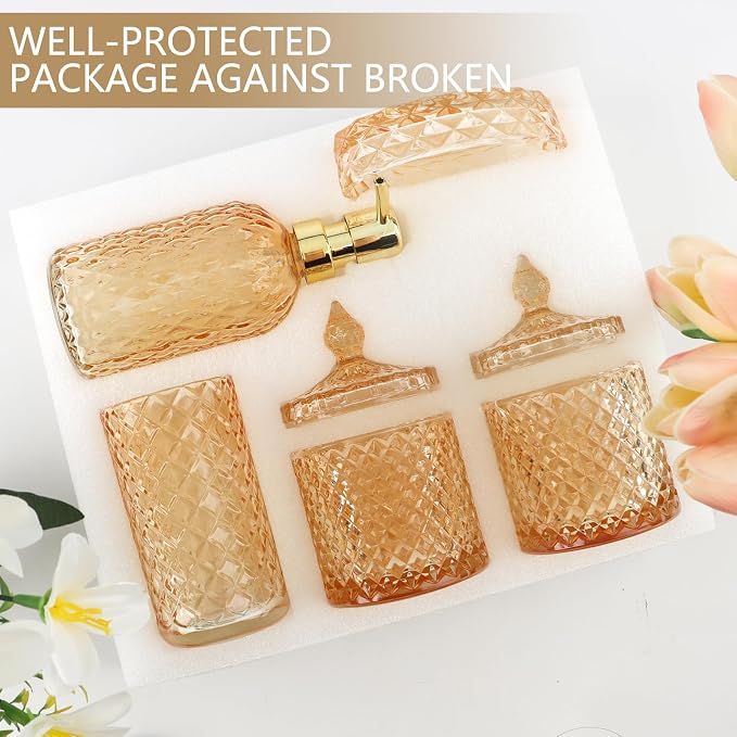 5Pcs Clear Gold Bathroom Accessories Set,Glass Bathroom Accessory Set, Bathroom Counter Sink Toothbrush Holder Set Includes 13.5oz Hand/Lotion Soap Dispenser & Tumbler & Soap Dish & Qtip Holders
