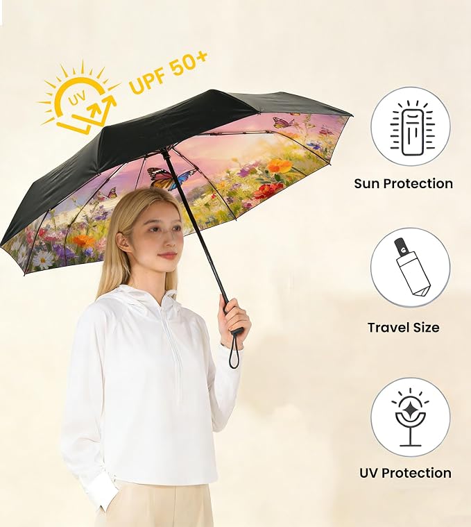 SIEPASA Compact Travel Umbrella - Windproof Auto Open/Close, Small Folding Umbrella for Rain & Sun with UPF50+ - Lightweight Frame, Waterproof - Fits Backpack, Purse, Suitcase.(Garden Butterfly)