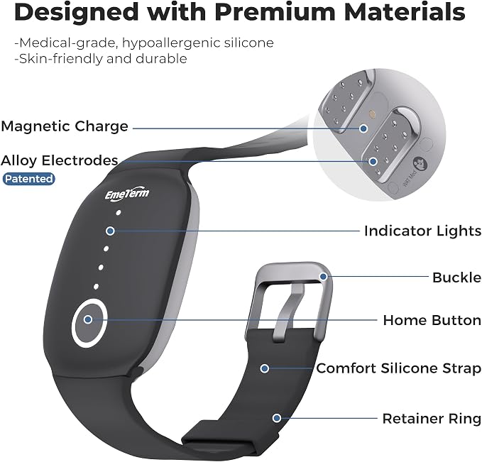 EmeTerm Fashion FDA-Cleared Relieve Nausea Electrode Stimulator Morning Sickness Motion Travel Sickness Vomit Relief Rechargeable No Gel Drug Free Wrist Bands Without Side Effects